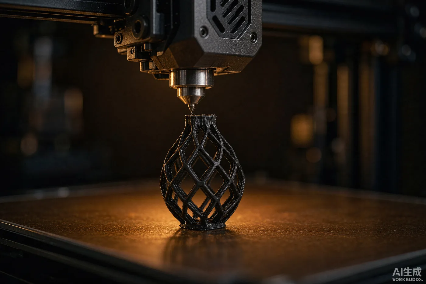 A 3D printer nozzle depositing a lattice jewellery piece in black nylon